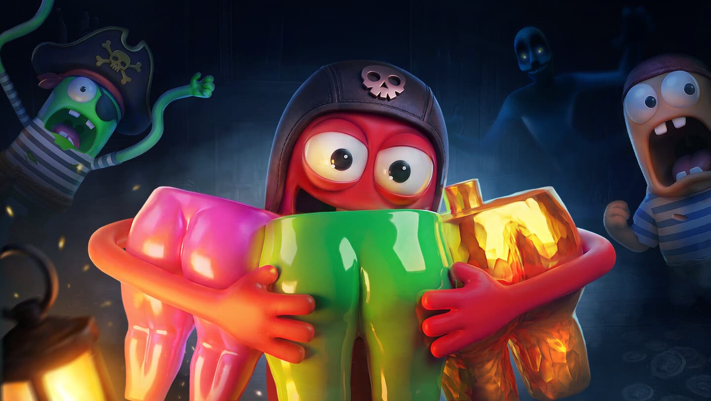 Official art of a pirate hauling colorful treasure while the crew and a monster close in